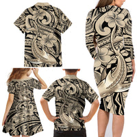 Polynesian Shark Tribal Tattoo Family Matching Long Sleeve Bodycon Dress and Hawaiian Shirt Beige Style LT9 - Polynesian Pride