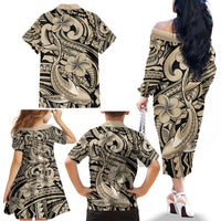 Polynesian Shark Tribal Tattoo Family Matching Off The Shoulder Long Sleeve Dress and Hawaiian Shirt Beige Style LT9 - Polynesian Pride
