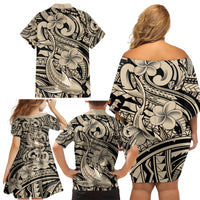 Polynesian Shark Tribal Tattoo Family Matching Off Shoulder Short Dress and Hawaiian Shirt Beige Style LT9 - Polynesian Pride