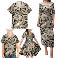 Polynesian Shark Tribal Tattoo Family Matching Puletasi and Hawaiian Shirt Beige Style LT9 - Polynesian Pride