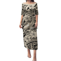 Polynesian Shark Tribal Tattoo Family Matching Puletasi and Hawaiian Shirt Beige Style LT9 Mom's Dress Beige - Polynesian Pride