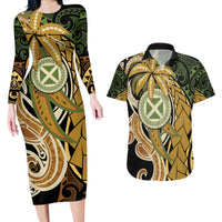 Wallis and Futuna Victory Day Couples Matching Long Sleeve Bodycon Dress and Hawaiian Shirt Since 1945 with Polynesian Platinum Floral Tribal LT9 Red - Polynesian Pride