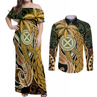 Wallis and Futuna Victory Day Couples Matching Off Shoulder Maxi Dress and Long Sleeve Button Shirt Since 1945 with Polynesian Platinum Floral Tribal LT9 Red - Polynesian Pride