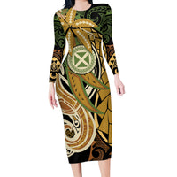 Wallis and Futuna Victory Day Long Sleeve Bodycon Dress Since 1945 with Polynesian Platinum Floral Tribal LT9 Long Dress Red - Polynesian Pride