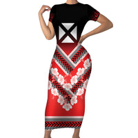 Personalised Wallis et Futuna Short Sleeve Bodycon Dress Hibiscus and Polynesian Tribal Tattoos LT9 Long Dress Red - Polynesian Pride