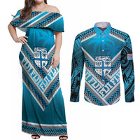 Custom Fiji Rugby Couples Matching Off Shoulder Maxi Dress and Long Sleeve Button Shirt Fijian Warrior With Polynesian Tribal Tattoos LT9 Blue - Polynesian Pride