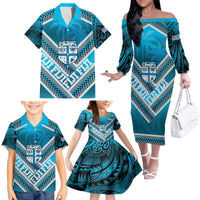 Custom Fiji Rugby Family Matching Off The Shoulder Long Sleeve Dress and Hawaiian Shirt Fijian Warrior With Polynesian Tribal Tattoos LT9 - Polynesian Pride