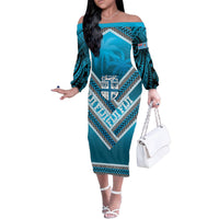 Custom Fiji Rugby Family Matching Off The Shoulder Long Sleeve Dress and Hawaiian Shirt Fijian Warrior With Polynesian Tribal Tattoos LT9 Mom's Dress Blue - Polynesian Pride