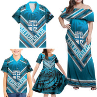 Custom Fiji Rugby Family Matching Off Shoulder Maxi Dress and Hawaiian Shirt Fijian Warrior With Polynesian Tribal Tattoos LT9 - Polynesian Pride