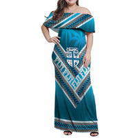 Custom Fiji Rugby Family Matching Off Shoulder Maxi Dress and Hawaiian Shirt Fijian Warrior With Polynesian Tribal Tattoos LT9 Mom's Dress Blue - Polynesian Pride