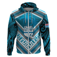 Custom Fiji Rugby Hoodie Fijian Warrior With Polynesian Tribal Tattoos LT9 Zip Hoodie Blue - Polynesian Pride