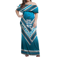 Custom Fiji Rugby Off Shoulder Maxi Dress Fijian Warrior With Polynesian Tribal Tattoos LT9 Women Blue - Polynesian Pride