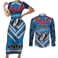 Custom Manuma Samoa Rugby Couples Matching Short Sleeve Bodycon Dress and Long Sleeve Button Shirt Ula fala Samoan Siva Tau Tribal LT9 Blue - Polynesian Pride