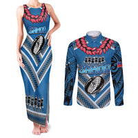 Custom Manuma Samoa Rugby Couples Matching Tank Maxi Dress and Long Sleeve Button Shirt Ula fala Samoan Siva Tau Tribal LT9 Blue - Polynesian Pride