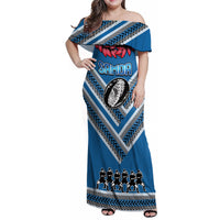 Custom Manuma Samoa Rugby Family Matching Off Shoulder Maxi Dress and Hawaiian Shirt Ula fala Samoan Siva Tau Tribal LT9 Mom's Dress Blue - Polynesian Pride
