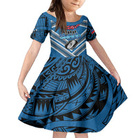 Custom Manuma Samoa Rugby Family Matching Off Shoulder Short Dress and Hawaiian Shirt Ula fala Samoan Siva Tau Tribal LT9 Daughter's Dress Blue - Polynesian Pride