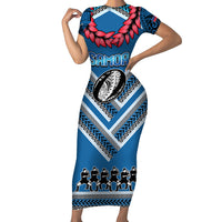 Custom Manuma Samoa Rugby Short Sleeve Bodycon Dress Ula fala Samoan Siva Tau Tribal LT9 Long Dress Blue - Polynesian Pride
