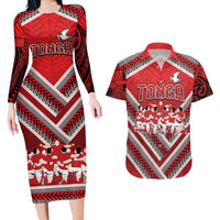 Custom Tonga Rugby Couples Matching Long Sleeve Bodycon Dress and Hawaiian Shirt Tonga Sipi Tau Ngatu Tribal Pattern LT9 Red - Polynesian Pride