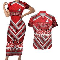 Custom Tonga Rugby Couples Matching Short Sleeve Bodycon Dress and Hawaiian Shirt Tonga Sipi Tau Ngatu Tribal Pattern LT9 Red - Polynesian Pride