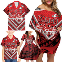 Custom Tonga Rugby Family Matching Off Shoulder Short Dress and Hawaiian Shirt Tonga Sipi Tau Ngatu Tribal Pattern LT9 - Polynesian Pride