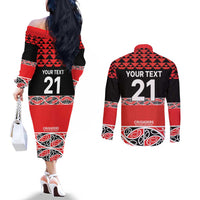 New Zealand Rugby Pacific Custom Couples Matching Off The Shoulder Long Sleeve Dress and Long Sleeve Button Shirt Whatumoana Maori Kowhaiwhai Pattern