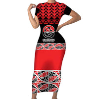 New Zealand Rugby Pacific Custom Short Sleeve Bodycon Dress Whatumoana Maori Kowhaiwhai Pattern LT9 Long Dress Blue - Polynesian Pride
