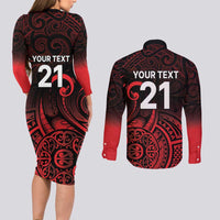 New Zealand Rugby Pacific Custom Couples Matching Long Sleeve Bodycon Dress and Long Sleeve Button Shirt Whatumoana Maori Tribal Tattoo