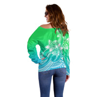 Polynesian Pride Plumeria Flowers Off Shoulder Sweater Polynesian Tribal Gradient Green LT9 - Polynesian Pride