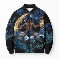 Samoa Siva Afi Bomber Puffer Jacket Fireknife Fire Dance Pacific Tribal Motif LT9 Unisex Blue - Polynesian Pride