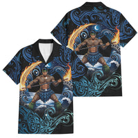 Samoa Siva Afi Family Matching Tank Maxi Dress and Hawaiian Shirt Fireknife Fire Dance Pacific Tribal Motif LT9 Dad's Shirt - Short Sleeve Blue - Polynesian Pride