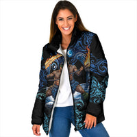 Samoa Siva Afi Padded Jacket Fireknife Fire Dance Pacific Tribal Motif LT9 Women Blue - Polynesian Pride