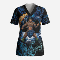 Samoa Siva Afi Scrub Top Fireknife Fire Dance Pacific Tribal Motif LT9 Adult Blue - Polynesian Pride