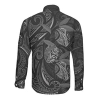 Hawaiian Mango Tribal Tattoo Long Sleeve Button Shirt Black White Pacific Traditional Pattern LT9 - Polynesian Pride