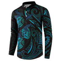 Hawaiian Mango Tribal Tattoo Button Sweatshirt Teal Pacific Traditional Pattern LT9 - Polynesian Pride