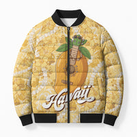 Hawaiian Mango Ukulele Bomber Puffer Jacket Retro Yellow Hibiscus Pikake Lei LT9 Unisex Yellow - Polynesian Pride