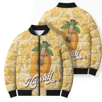 Hawaiian Mango Ukulele Bomber Puffer Jacket Retro Yellow Hibiscus Pikake Lei LT9 - Polynesian Pride