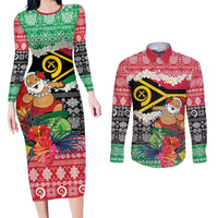 Personalised Vanuatu Joyeux Noel Couples Matching Long Sleeve Bodycon Dress and Long Sleeve Button Shirt Proud To Be a Ni-Van Sand Drawing Art LT9 Red - Polynesian Pride