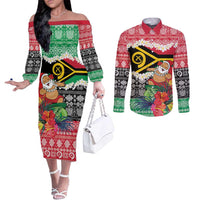 Personalised Vanuatu Joyeux Noel Couples Matching Off The Shoulder Long Sleeve Dress and Long Sleeve Button Shirt Proud To Be a Ni-Van Sand Drawing Art LT9 Red - Polynesian Pride