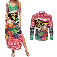 Personalised Vanuatu Joyeux Noel Couples Matching Summer Maxi Dress and Long Sleeve Button Shirt Proud To Be a Ni-Van Sand Drawing Art LT9 Red - Polynesian Pride
