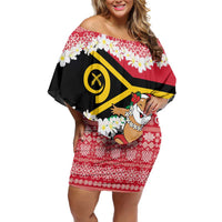 Personalised Vanuatu Joyeux Noel Family Matching Off Shoulder Short Dress and Hawaiian Shirt Proud To Be a Ni-Van Sand Drawing Art LT9 Mom's Dress Red - Polynesian Pride