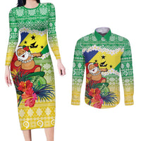 Personalised Malampa Joyeux Noel Couples Matching Long Sleeve Bodycon Dress and Long Sleeve Button Shirt Proud To Be a Ni-Van Sand Drawing Art LT9 Lime - Polynesian Pride