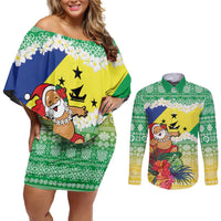 Personalised Malampa Joyeux Noel Couples Matching Off Shoulder Short Dress and Long Sleeve Button Shirt Proud To Be a Ni-Van Sand Drawing Art LT9 Lime - Polynesian Pride