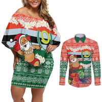 Personalised Penama Joyeux Noel Couples Matching Off Shoulder Short Dress and Long Sleeve Button Shirt Proud To Be a Ni-Van Sand Drawing Art LT9 Red - Polynesian Pride