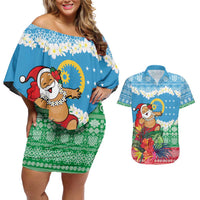 Personalised Sanma Joyeux Noel Couples Matching Off Shoulder Short Dress and Hawaiian Shirt Proud To Be a Ni-Van Sand Drawing Art LT9 Blue - Polynesian Pride