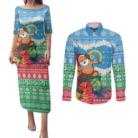 Personalised Sanma Joyeux Noel Couples Matching Puletasi and Long Sleeve Button Shirt Proud To Be a Ni-Van Sand Drawing Art LT9 Blue - Polynesian Pride