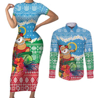 Personalised Sanma Joyeux Noel Couples Matching Short Sleeve Bodycon Dress and Long Sleeve Button Shirt Proud To Be a Ni-Van Sand Drawing Art LT9 Blue - Polynesian Pride