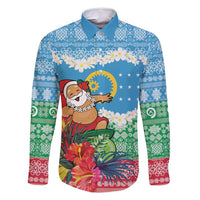 Personalised Sanma Joyeux Noel Family Matching Off Shoulder Short Dress and Hawaiian Shirt Proud To Be a Ni-Van Sand Drawing Art LT9 Dad's Shirt - Long Sleeve Blue - Polynesian Pride
