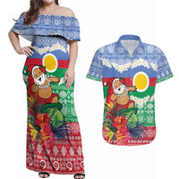 Personalised Shefa Joyeux Noel Couples Matching Off Shoulder Maxi Dress and Hawaiian Shirt Proud To Be a Ni-Van Sand Drawing Art LT9 Blue - Polynesian Pride