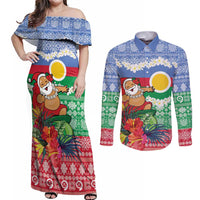 Personalised Shefa Joyeux Noel Couples Matching Off Shoulder Maxi Dress and Long Sleeve Button Shirt Proud To Be a Ni-Van Sand Drawing Art LT9 Blue - Polynesian Pride