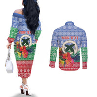 Personalised Shefa Joyeux Noel Couples Matching Off The Shoulder Long Sleeve Dress and Long Sleeve Button Shirt Proud To Be a Ni-Van Sand Drawing Art LT9 - Polynesian Pride
